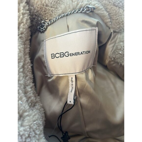 BCBG ladies Faux Fur Teddy Coat Cream SZ M NWT Warm Heavy Metallic - Picture 9 of 12